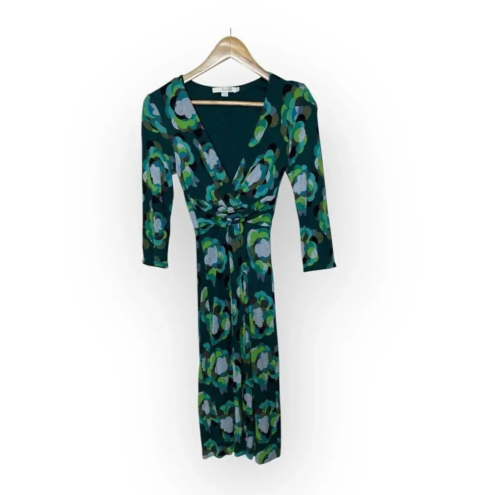 BODEN Women's 3/4 Sleeve Surplice V Neck Drape Dress Green/Blue Floral Size 2 R